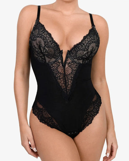 Deep V-Neck Lace Thong Bodysuit - A Stylish, Lightly-Sculpting Statement