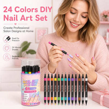 LAST DAY SALE 💕🎁 24 Colors Dual Ended Nail Art Pens Set – Creative, Salon‑Quality, Easy DIY ✨