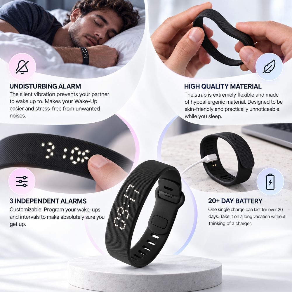 Silent Vibration Alarm Wristband with 3 Alarms & 14 Day Battery