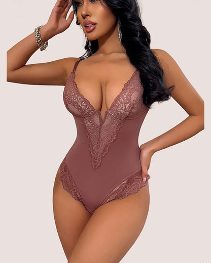 Deep V-Neck Lace Thong Bodysuit - A Stylish, Lightly-Sculpting Statement