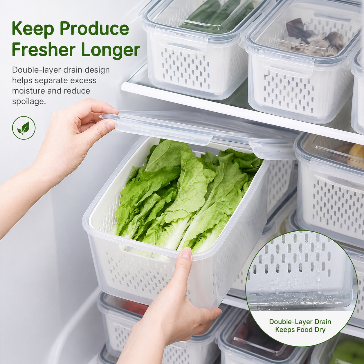 3 Pack Stackable Fridge Organizers with Removable Colander