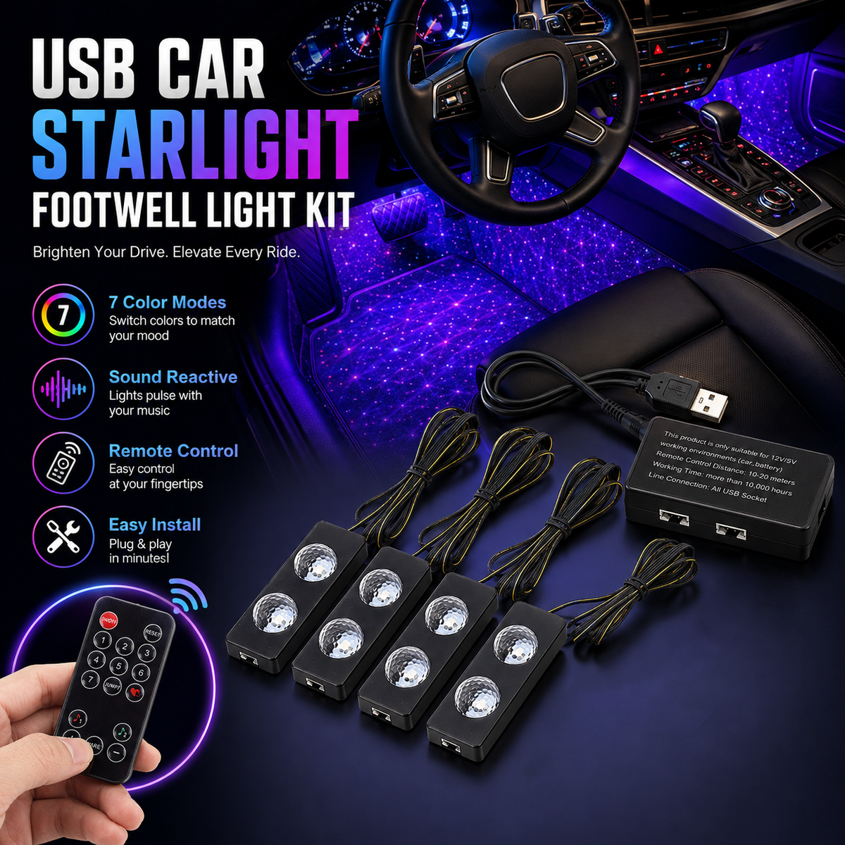 RGB Car Footwell Star Light - Create a Starry Atmosphere Inside Your Car ✨🚗