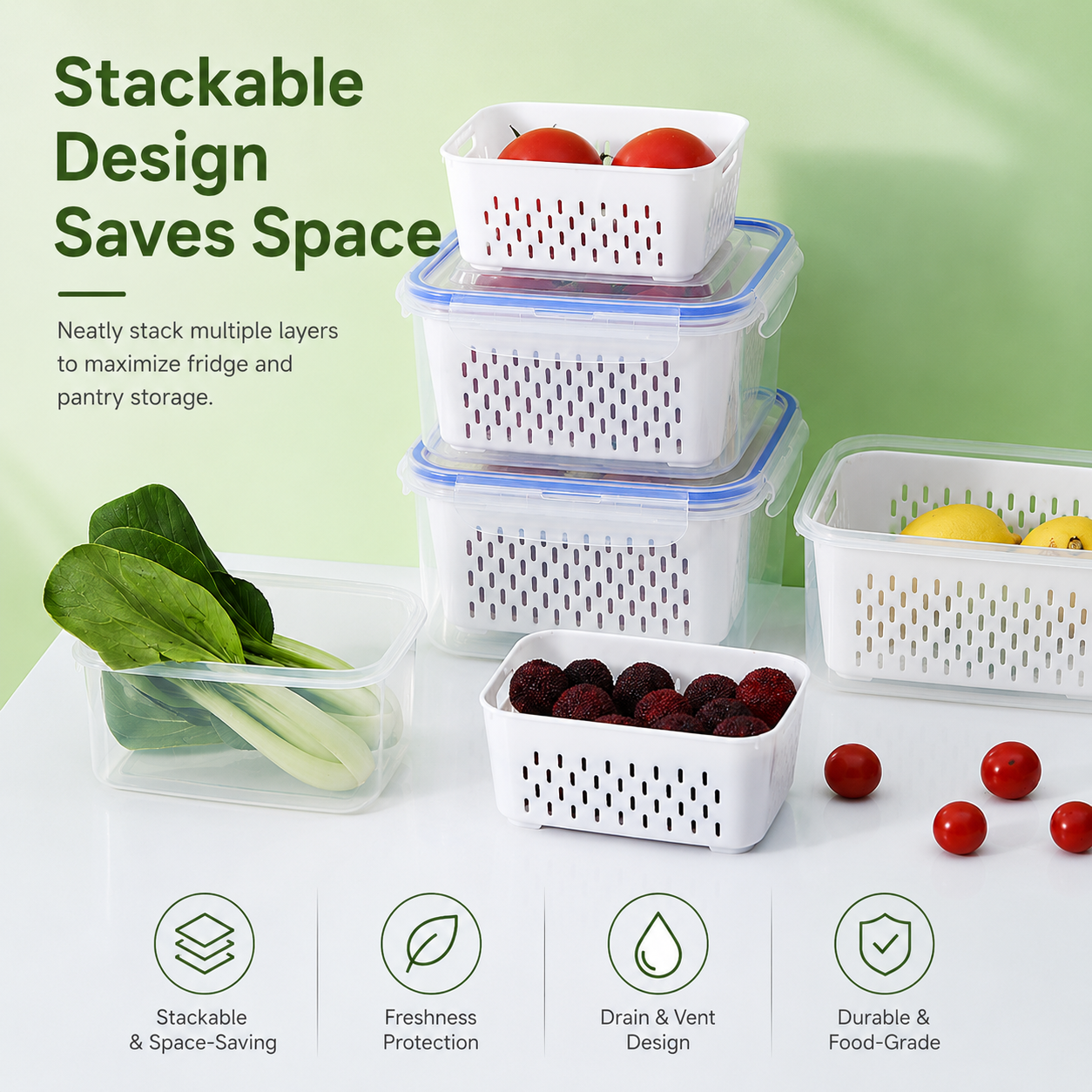 3 Pack Stackable Fridge Organizers with Removable Colander